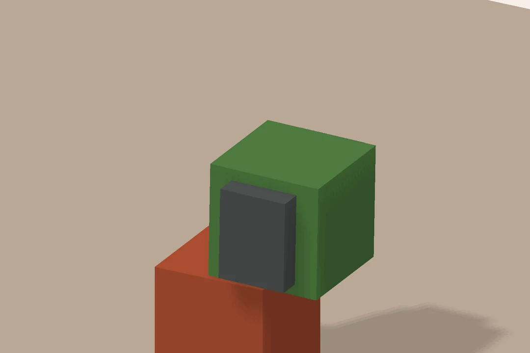 The same view with only collision shapes: two thin finger-pad boxes and the two cubes.
