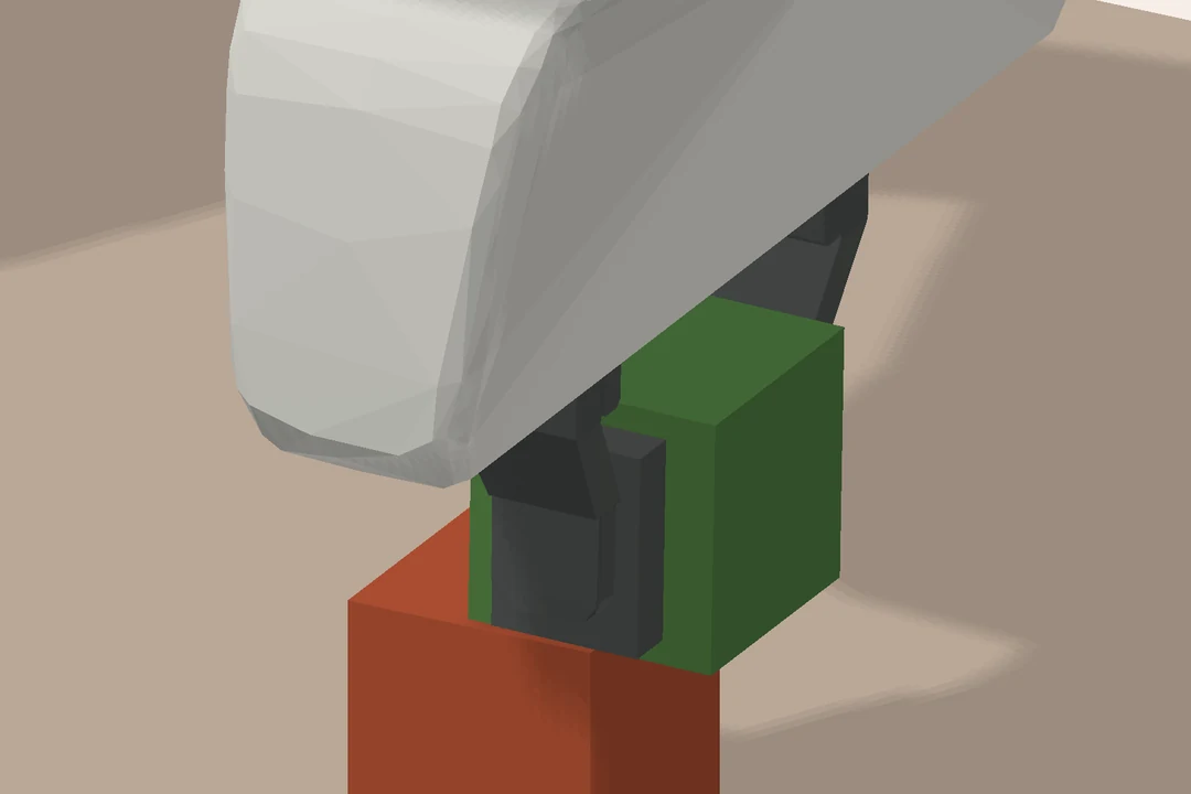 Close-up of the gripper fingers holding the green cube; dashed boxes mark the finger pads inside the finger meshes.